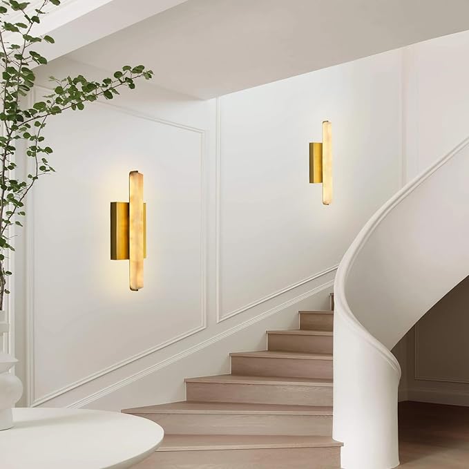 Alabaster Wall Sconces Set of Two, 15" Brass Alabaster Sconce, Spanish Natural Marble Bathroom Vanity Sconces, Rectangle Modern Sconces Lighting for Bedroom Living Room Staircases Hallway