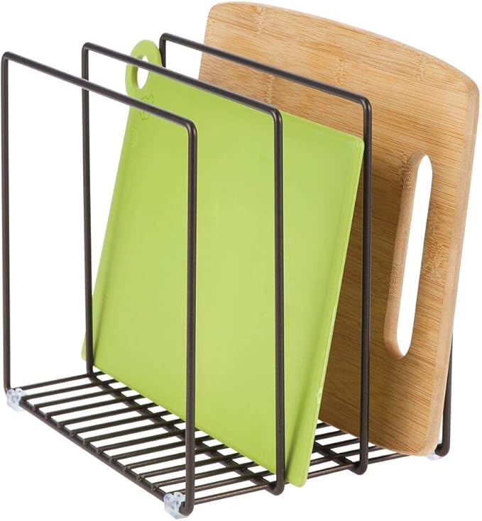 mDesign Steel Storage Tray Organizer Rack for Kitchen Cabinet - Divided Holder with 3 Slots for Skillets, Frying Pan, Pot Lids, Cutting Board, Baking Sheets - Concerto Collection - Bronze