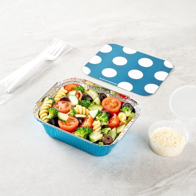 Restaurantware-12 Ounce Disposable Takeout Containers, 50 Rectangle Food Containers - With Polka Dot Lids, Blue Takeaway Containers, Aluminum Delivery Containers, Freezable
