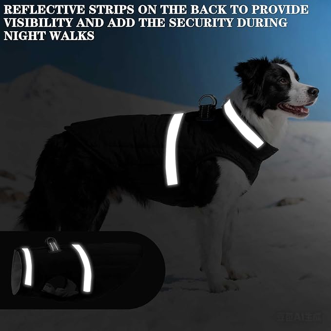 EXPAWLORER Dog Winter Coat Jacket, Thick Warm Waterproof Reflective Puppy Snowsuit With Harness Buit In, Pet Fleece Vest Soft Turtleneck With Zipper Cold Weather For Small Medium Large Dogs - Black, M