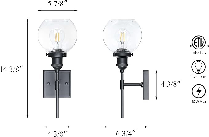 XiNBEi Lighting Black Wall Sconce, 1 Light Vanity Light Fixture with Globe Glass Modern Sconces Wall Lighting for Bathroom Mirror Bedroom Hallway XB-W1275-1-MB