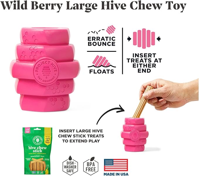 PROJECT HIVE ·PET COMPANY· - Wild Berry Scented - Hive Chew Toy for Large Dogs - Dog Chew Toy for Large Breeds - Floats in Water - Durable and Tough - Made in The USA
