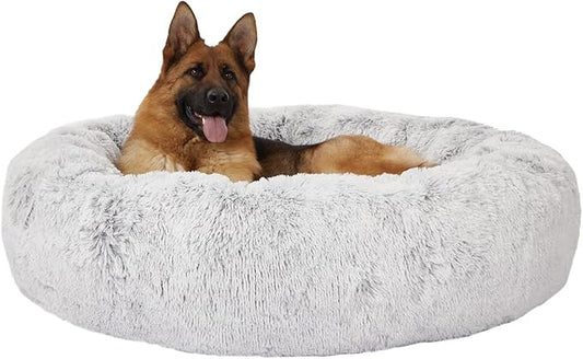 Bedfolks Calming Donut Extra Large Dog Bed, 45 Inches Round, Anti-Anxiety Plush, Washable with Non-Slip Bottom (Light Grey)