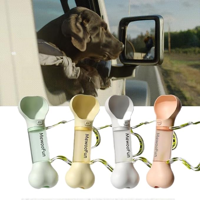 Bone Shaped Pet Water Bottle with Poop Bag Dispenser - Leak-Proof Portable Pet Travel Water Dispenser with Drinking Bowl for Walking, Hiking, & Outdoors, White