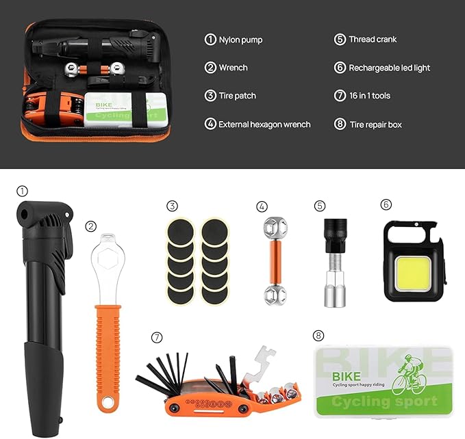 Bicycle Repair Kit with Pump & LED Light — 16-in-1 Portable Bike Tool Bag, Glueless Patches, Multi-Tool & Wrench Set for Road, Mountain & Camping Rides