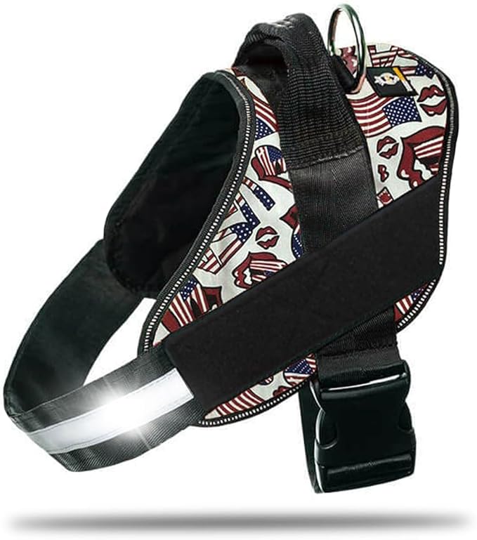 Non Pull Dog Harness with Patch Panels and Handle, Adjustable, Reflective, No Choke, Heavy Duty Easy On Service Dog Vest Harnesses for Medium Large Small Sized Dogs - USA, M