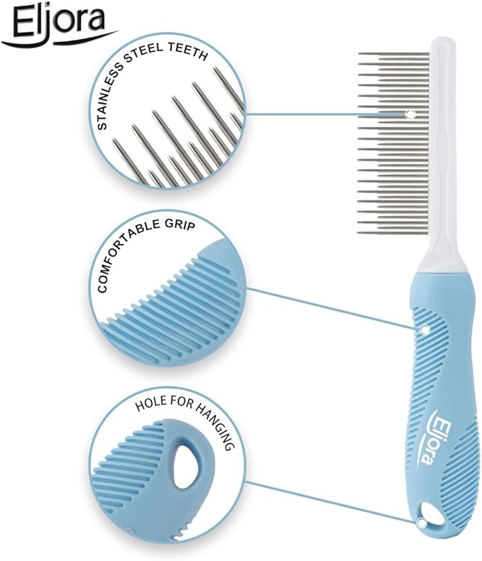 Pet Grooming Glove & Dematting Comb Set – Anti-Slip Handle Deshedding Comb+ Gentle Massage Glove (Pair) for Dogs & Cats (Comb)