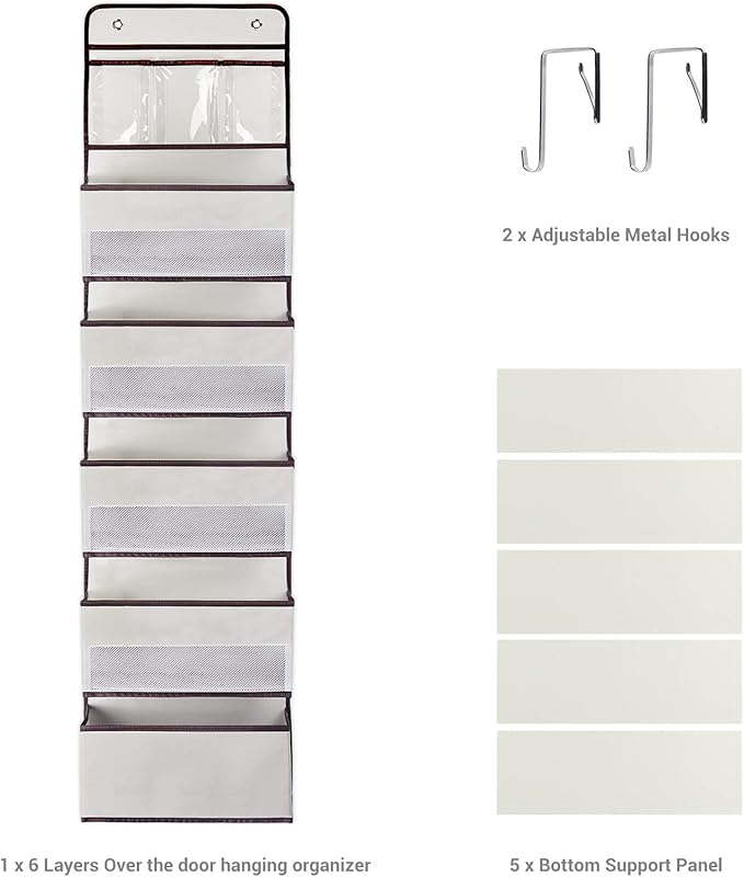 NesTidy Over The Door Organizer Storage 6 Layers, Wall Mount Hanging Organizer with 5 Large Pocket Organizers and 3 Small Pockets for Baby Essentials, Toys, Cosmetics, and Sundries (Beige, 1 Pack)