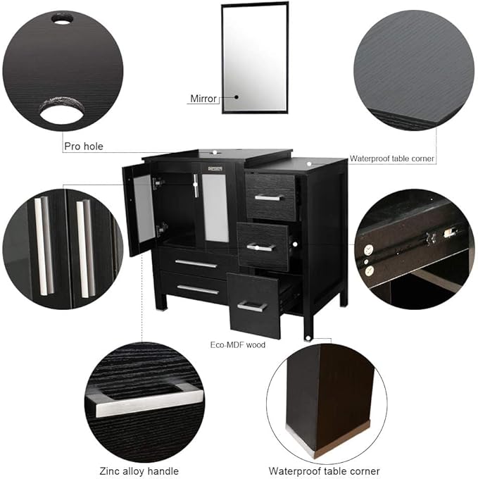 eclife 60" Modern Bathroom Vanity Sink Combo Freestanding Cabinet with Small Side Cabinet, White Boat Ceramic Vessel Sink, Water Save Faucet, Drain (Black+T44)