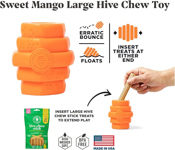 PROJECT HIVE ·PET COMPANY· - Sweet Mango Scented - Hive Chew Toy for Large Dogs - Dog Chew Toy for Large Breeds - Floats in Water - Durable and Tough - Made in The USA