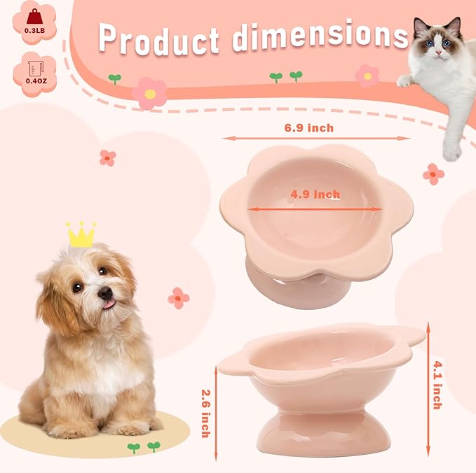 2 Pcs Ceramic Raised Cat Bowls Flower 7 oz Tilted Elevated Cat Food Bowl Cat Dishes for Anti Vomiting Protecting Spine Pet Feeder Water Bowl for Cat Kitten (Pink)