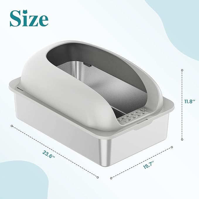 Stainless Steel Cat Litter Box with Lid, High Sided Large Cat Litter Box for Anti-Urine Leakage, Included Scoop and Litter Mat, Light Gray