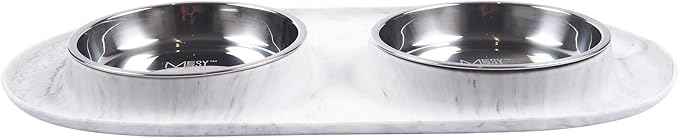 Messy Cats Double Silicone Feeder with Stainless Saucer Shaped Bowl | Anti-Slip Non-Skid Cat Food Bowls | Two Cat Bowls in Feeding/Water Station | 1.75 Cups per Bowl (Marble)