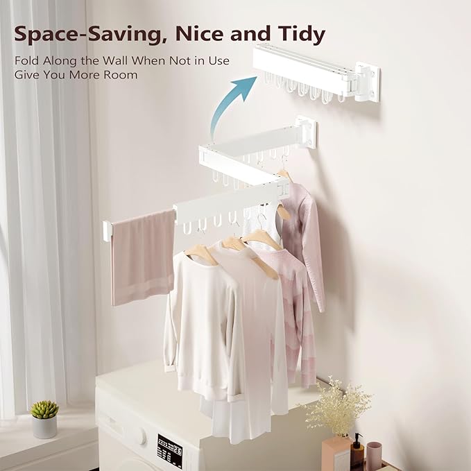 JAUREE Wall Mounted Clothes Drying Rack, Foldable & Collapsible Laundry Drying Rack, Space Saving Tri-Fold Retractable Dryer with 18 Hooks for Indoor & Outdoor, White