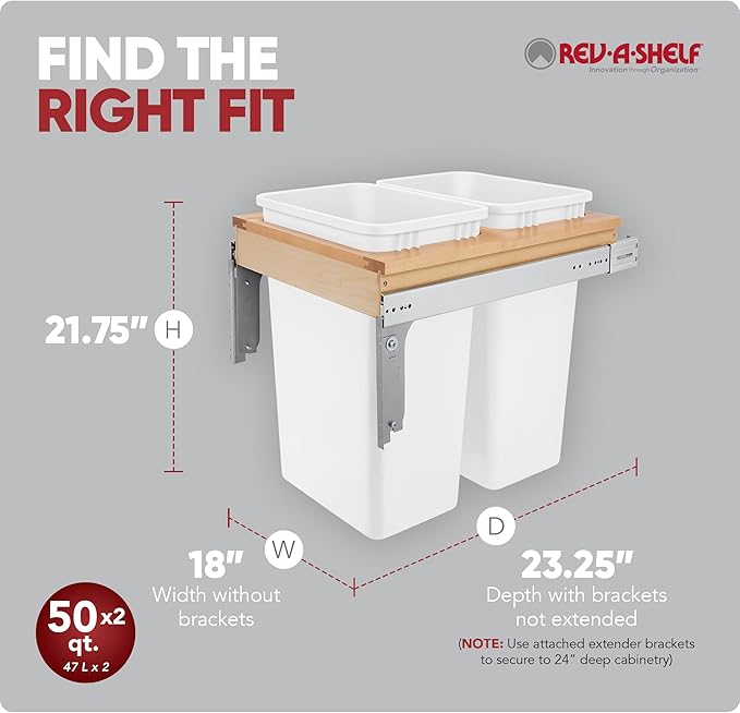 Rev-A-Shelf Top Mount Double Pullout Under Cabinet 50 Quart Kitchen Trash Cans for Full Height Cabinet, 150 Pound Rated Full-Extension Slides, 4WCTM-2150DM-2