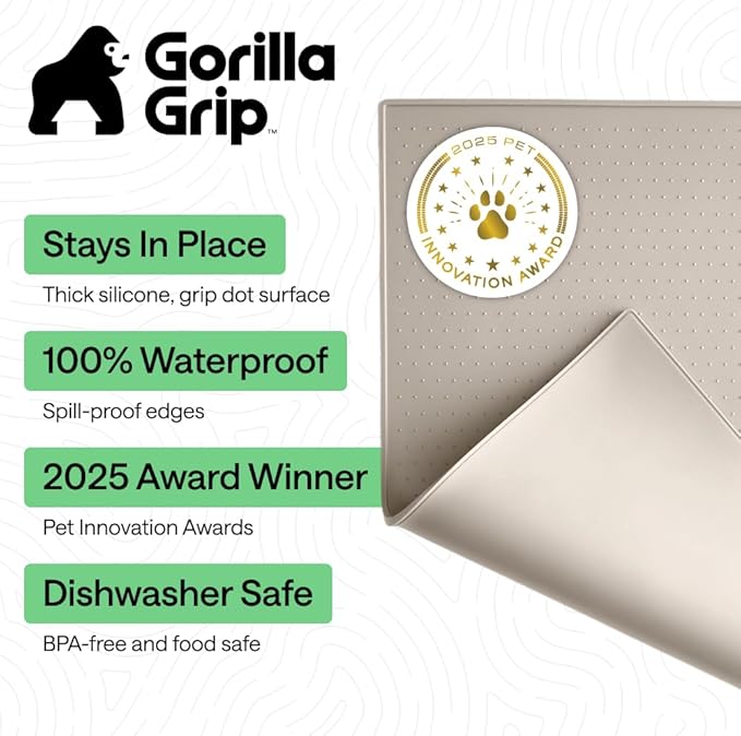 GORILLA GRIP 100% Waterproof Raised Edge BPA Free Silicone Pet Feeding Mat, Dog Cat Food Mats Contain Spills Protects Floors, Placemats for Cats and Dogs Water Bowl, Pets Accessories 32x24 Beige