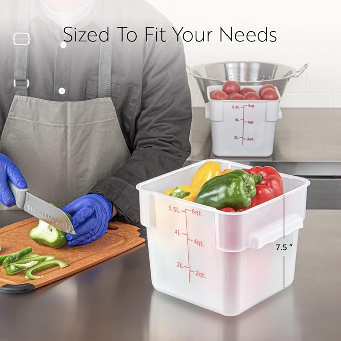 Restaurantware Food Storage Container 1 Pack of 6 qt Plastic Kitchen Storage Bin with Volume Markers Space-Efficient Design Dishwasher-Safe Polypropylene Translucent