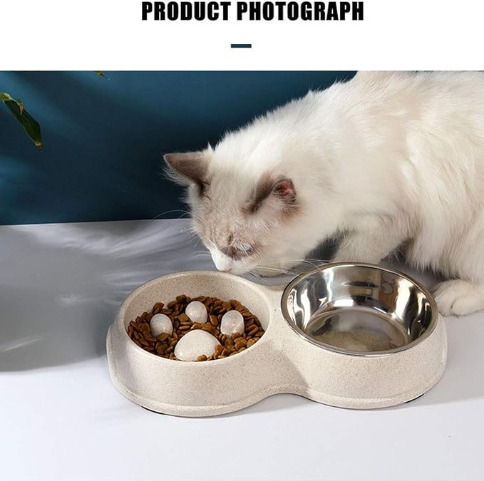 Tineer Double Pet Dog Slow Feeder Bowl,Stainless Steel Anti-Choke Puppy Food and Water Feeder for Dog Cats (Green)