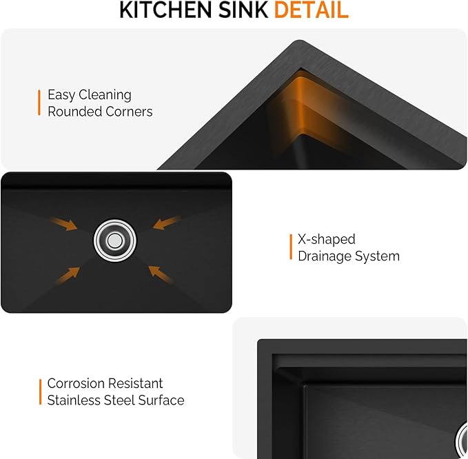 ROVSUN 33 Inch Stainless Steel Undermount, Kitchen Utility Sink, Workstation Deep Single Bowl, Integrated Ledge Multifunctional Workstation Sink Set,Black
