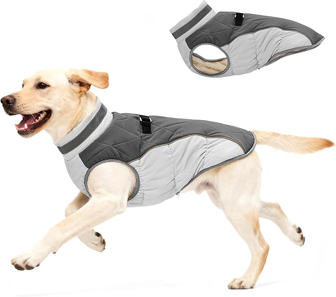Dog Coat for Large Dogs, Adjustable Dog Jackets for Cold Weather, Reflective Winter Coat with Built-in Harness, Snowsuit Fits Dogs 22-47 lbs and Up, Size L Black