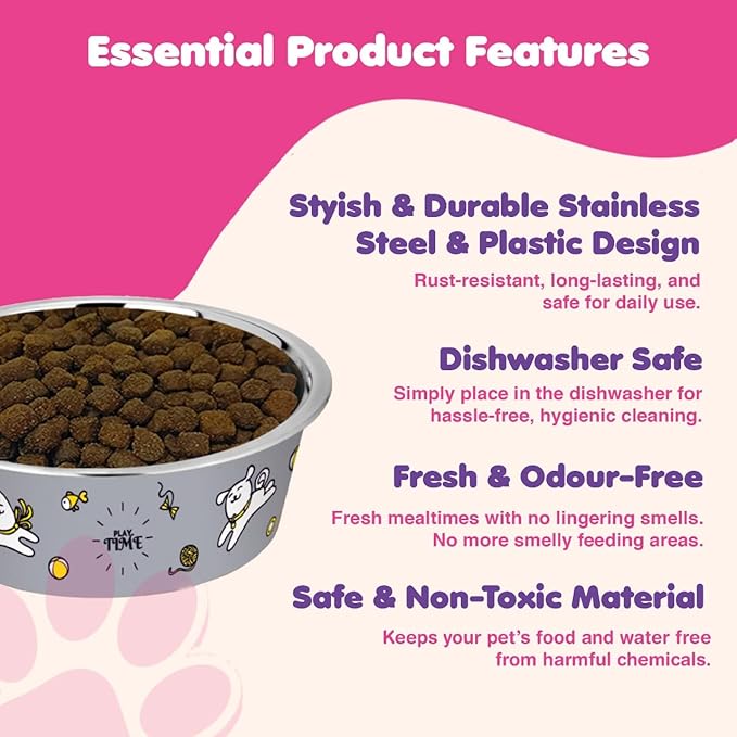 Stainless Steel Dog Bowls | Cat Bowls (Set of 2) - Anti Skid Dog Water Bowl | Cat Water Bowl - Dishwasher Safe - 25oz / 750ml – 15.4 cm (Rhino Gray Playtime Print)