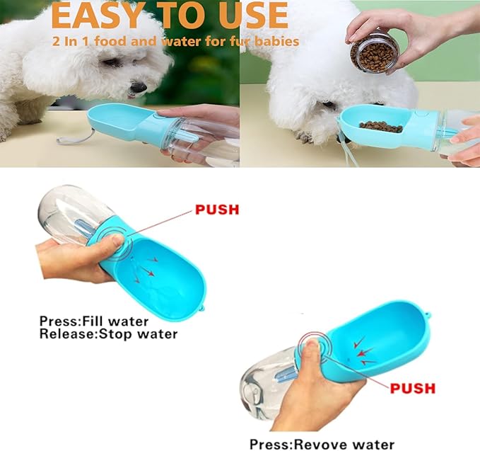11oz Portable Dog Water Bottle with 6oz Food Container - Leakproof Travel Dispenser for Cats, Dogs & Service Animals, Dog Walking Accessories-Blue