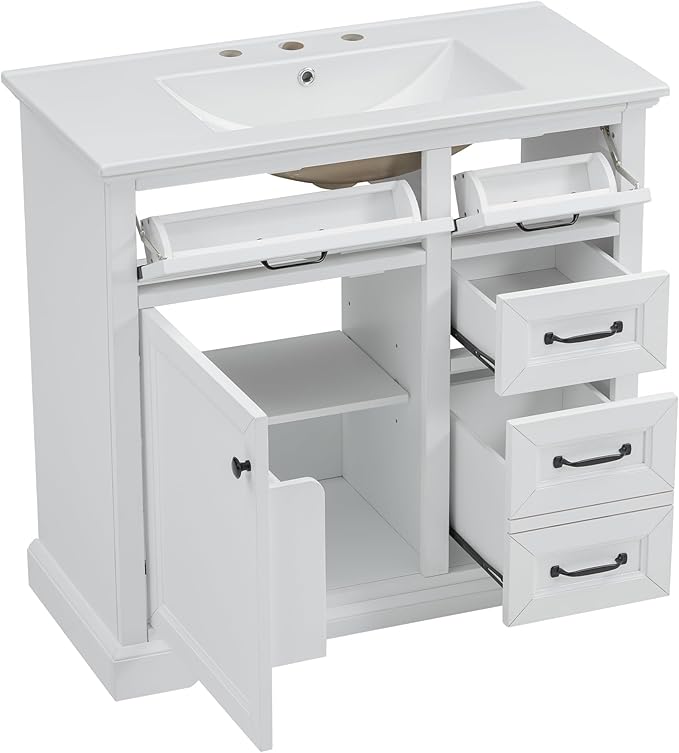 Christopher Knight Home 36" Bathroom Vanity with Ceramic Sink, Wooden Bathroom Vanity Organizer, Bathroom Storage Cabinet, Pedestal Sink Storage Cabinet, Adjustable Door Shelves+Drawer, White