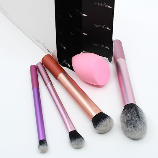Earth & I Complexion Perfection 5-Piece Set – 3 Pro Face Brushes + 1 Master Eye Blender + 1 Chiseled Sculpting Sponge – Metallic Sateen Pink & Rose Gold – Professional Airbrush Base Kit