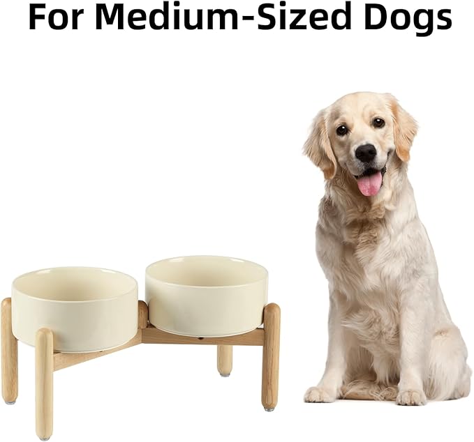 Ceramic 7.3inch Raised Double Bowls Set with Wooden Stand, Food & Water Bowls for Medium Breed Dogs, Weighted Dog Dishes, Pet Feeder(Light Yellow)
