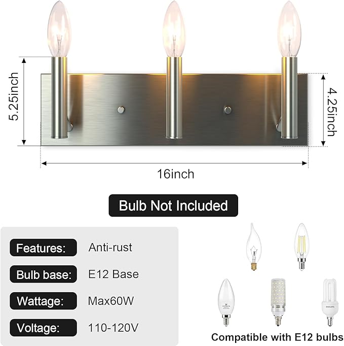 Kalium Bathroom Light Vanity Fixtures Over Mirror, 3-Lights Modern Brushed Nickel Wall Sconces, Minimalist Wall Lights for Livingroom Bedroom Entryway Hallway Staircase, E12 Base(Bulbs Not Included)