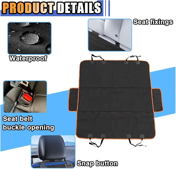 Pets Dog Car Seat Cover for Back Seat, Waterproof Scratchproof Car Seat Protector with Side Flaps, 600D Soft Nonslip Dog Hammock, Dog Backseat Cover Universal for Car Truck SUV, Orange