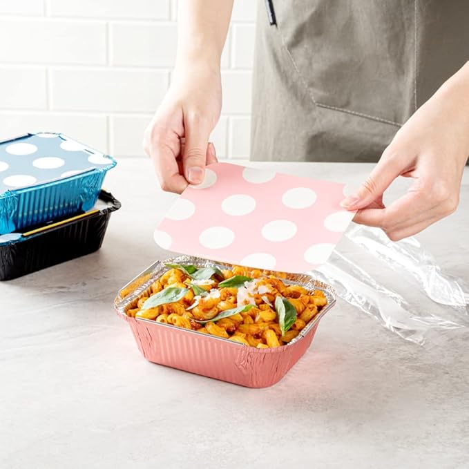 Restaurantware 12 Ounce Disposable Takeout Containers 50 Rectangle Food Containers - With Polka Dot Lids Pink Takeaway Containers Aluminum Delivery Containers Freezable