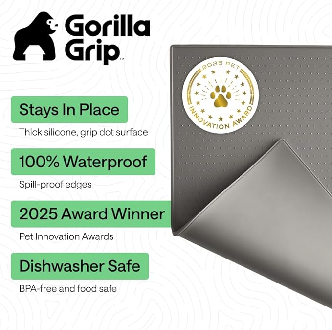 GORILLA GRIP 100% Waterproof Raised Edge BPA Free Silicone Pet Feeding Mat, Dog Cat Food Mats Contain Spills Protects Floors, Placemats for Cats and Dogs Water Bowl, Pets Accessories 16x10, Gray
