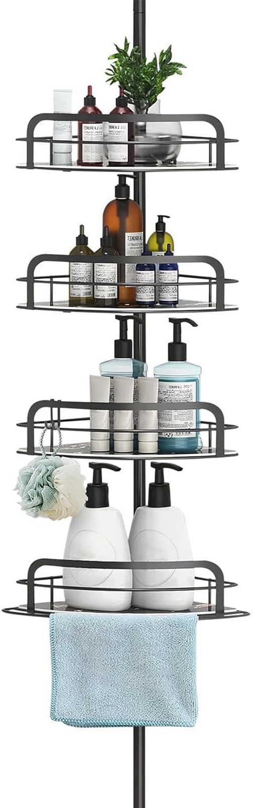 Corner Shower Caddy Tension Pole, Upgraded Adjustable Corner Shower Caddy Organizer with Hooks, 4-Tier Shelf Inside Shower Bathtub Organizers & Storage, Thickend Rustproof Steel, 33 to 116 Inch Height