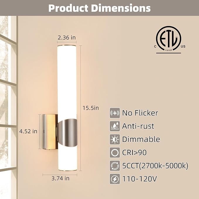 Wall Sconces Set of Two Brushed Nickel 5CCT Dimmable Bathroom Sconce with Acrylic Shade LED Hardwired Wall Light Fixtures for Bathroom Living Room Bedroom Hallway, 2 Pack