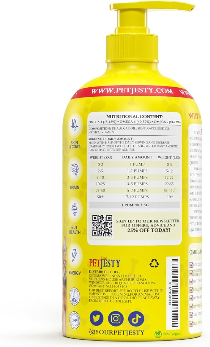 PetJesty Pure Omega 3 Oil for Dogs & Cats 26.39oz - Omega 3 Skin & Coat Support- Liquid Food Supplement for Pets - Vegan pet + DHA for Joint Function, Immune & Heart Health, Non Fish Oil Dog and Cat