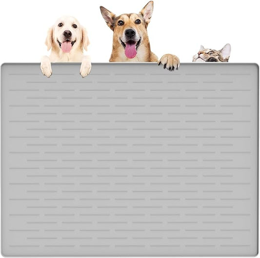 39.4"x29.5" Largest Pet Food Mat, Silicone Dog Mats for Food and Water, Nonslip Pet Feeding Mats for Floors,Dog Cat Bowl Mat with Raised Edges, Gray White
