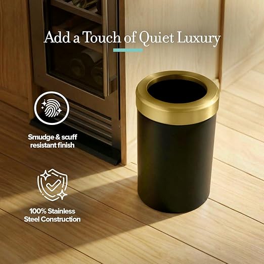 Gatco Small Bathroom Trash Can with Lid, Round 3 Gallon Stainless Steel Wastebasket, Under Sink, Matte Black and Brushed Brass, for Bathroom, Bedroom, Office (1930)
