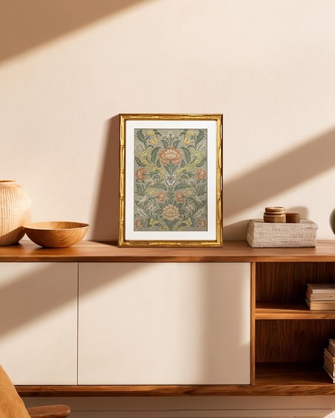 Vintage Botanical Butterflies Flowers Wall Art 11x14, Gold Bamboo-Textured Framed Canvas Print Acrylic Cover, Classic Garden Painting Floral Artwork Room Bedroom Entryway Home Office Décor