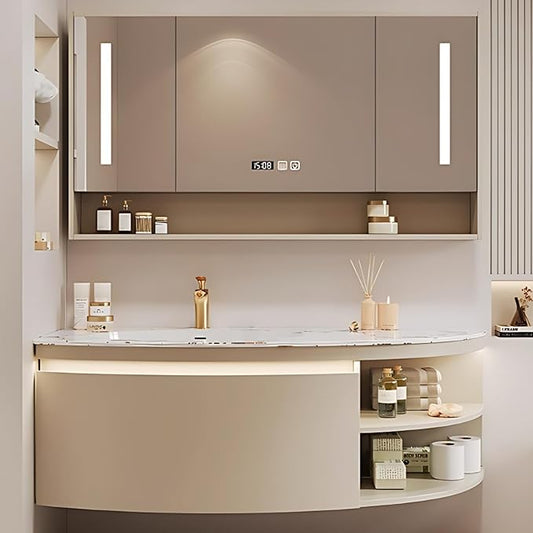 58IN Floating Bathroom Vanity, Wall Mounted Wood Sink Cabinet with Smart Sensor LED Light Strip & Open Style Side Cabinet | LED Lights & Defogging Function, Single Sink Vanities Set (Beige)