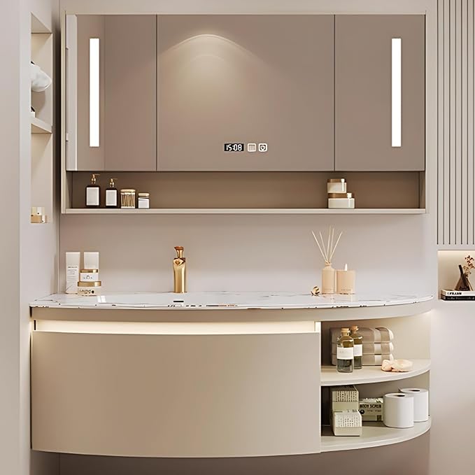 54IN Floating Bathroom Vanity, Wall Mounted Wood Sink Cabinet with Smart Sensor LED Light Strip & Open Style Side Cabinet | LED Lights & Defogging Function, Single Sink Vanities Set (Beige)