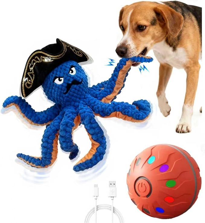 Octopus Dog Toy-Automatic Bouncing Ball, Moving Chew Toy with Bouncing Ball, Interactive Dog Toys for Small and Large Dogs, Automatic Moving Dog Ball Toys, Squeaky Tug of War Dog Toy to Keep Them Busy