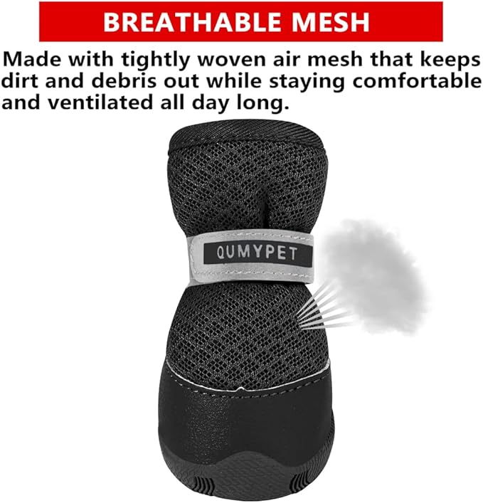 QUMY 4PCS Dog Shoes for Small Dogs, Hot Pavement Summer Puppy Dog Boots & Paw Protectors with Soft Anti-Slip Rubber Sole, Mesh Breathable Dog Booties for Hardfloors, Walking Running Black Size 2
