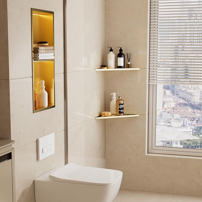 2-Pack 10" Corner Shower Shelf Golden Brushed Wall Mounted No Drilling Bathroom Shelves, Recessed Shower Caddy for Inside Shower, Stainless Steel Triangular Shower Organizer