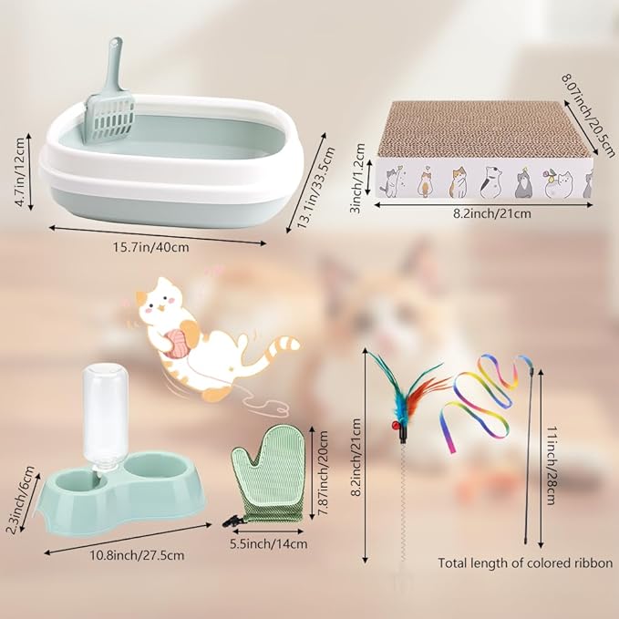 Kitten Starter Kit - 16 Pcs Cat Essentials Set Includes Litter Box, Toys, Collars, Scratch Pad, Nail File, Automatic Feed Bowls, Grooming Gloves (Blue, 16 Pcs)