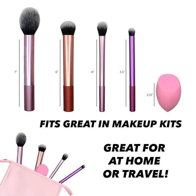 Earth & I Complexion Perfection 5-Piece Set – 3 Pro Face Brushes + 1 Master Eye Blender + 1 Chiseled Sculpting Sponge – Metallic Sateen Pink & Rose Gold – Professional Airbrush Base Kit