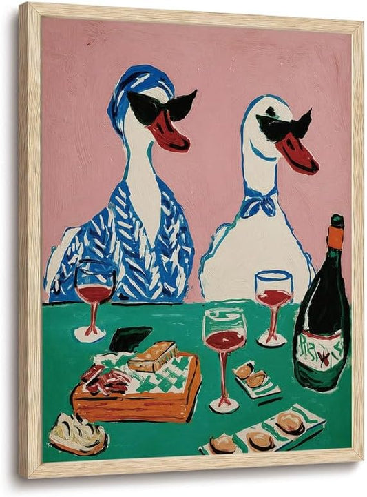 XJYISUO Framed Wall Art Duck Wall Decor Animal Canvas Art Wine Party Pictures Retro Paintings Funny Artwork For Kitchen Dining Room Bar