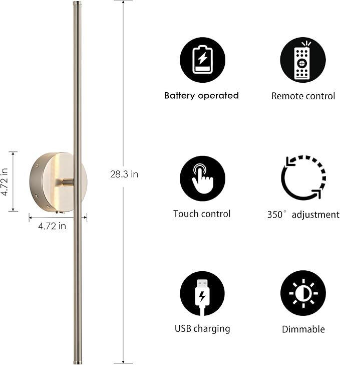 Battery Operated Wall Sconces with Remote Control, Dimmable Wall Sconces Set of Two, 350°Rotate, 3000K LED Nickel Wireless Wall Light for Living Room,Bedroom, Hallway, 28.3 Inch (2 Pack)