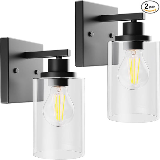 Wall Sconces Set of 2 Matte Black Vanity Lights for Bathroom, Modern Wall Light Fixtures Sconce Lights Indoor with Clear Glass Farmhouse Wall Mount Lamp for Bedroom Mirror Living Room Hallway E26 Base