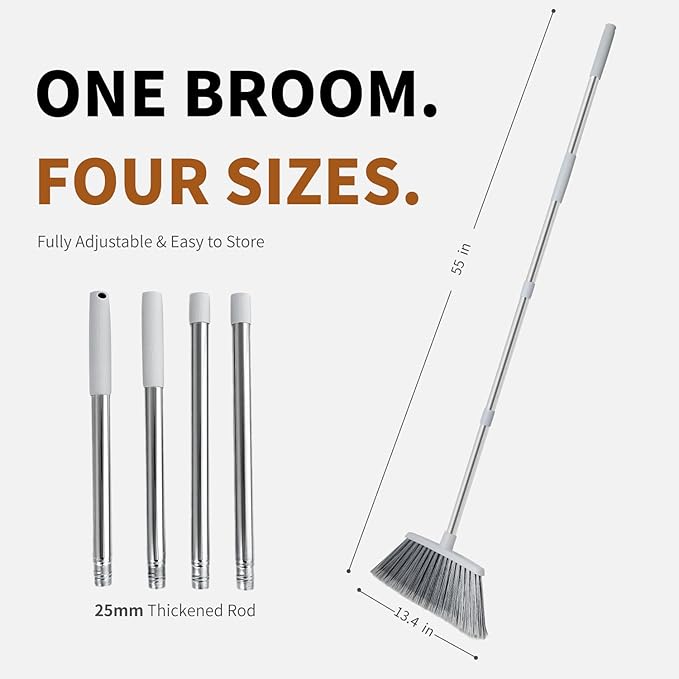 Broom, Outdoor Brooms for Sweeping Indoor, Adjustable 55" Pet Hair Removal Heavy Duty Broom for Floors Home Kitchen Garage Commercial Patio Industrial Snow (Grey 2 Pack and Black 1 Pack)